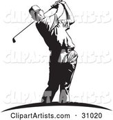 Black and White Man Swinging a Club While Golfing