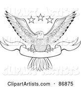 Black and White Outlined Bald Eagle with Stars and a Banner