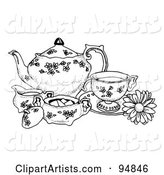 Black and White Pen and Ink Styled Tea Set