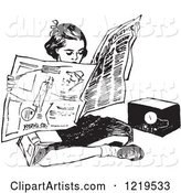 Black and White Retro Teen Girl Reading a Newspaper on the Floor