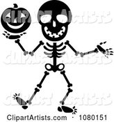 Black and White Skeleton Holding a Halloween Pumpkin