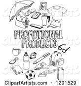 Black and White Sketched Promotional Products Text and Retail Items