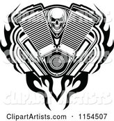 Black and White Skull with an Engine Flames and Mufflers