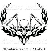 Black and White Skull with Flaming Motorcycle Handlebars