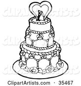 Black and White Tiered Wedding Cake with a Bride and Groom Topper Under a Heart