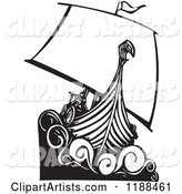 Black and White Viking Longship Boat Woodcut