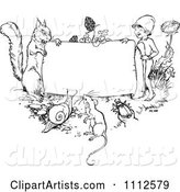 Black and White Vintage Frame with Animals and a Gnome