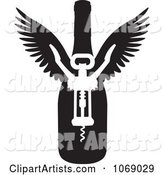 Black and White Winged Wine Bottle and Corkscrew