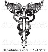 Black and White Woodcut Double Snake Caduceus with a Winged Sword