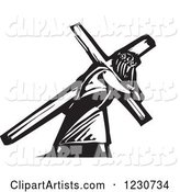 Black and White Woodcut Jesus Christ Carrying a Cross