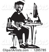 Black and White Woodcut Man Drawing on a Tablet at a Computer Desk