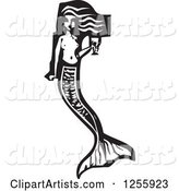 Black and White Woodcut Mermaid with a Goblet of Wine