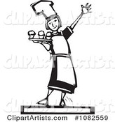 Black and White Woodcut Styled Baker Girl Serving Cupcakes