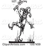Black and White Woodcut Styled Dancing Jester