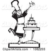 Black and White Woodcut Styled Girl Presenting a Cake