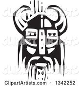 Black and White Woodcut Viking Face in a Horned Helmet