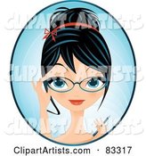 Black Haired Blue Eyed Female Secretary Holding a Pen and Adjusting Her Glasses