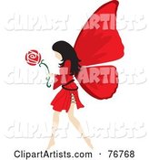 Black Haired Female Fairy with Red Wings, Carrying a Flower