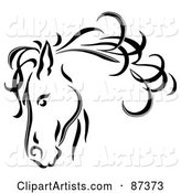 Black Line Art Horse Head with a Blowing Mane