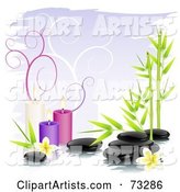 Black Shiny Spa Stones with Bamboo, Frangipani Flowers and Colorful Candles over Purple with Spirals