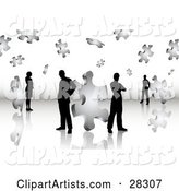 Black Silhouetted Business Men and Women Standing on a Reflective Surface, Surrounded by Puzzle Pieces, Symbolizing Problem Solving, Teamwork and Solutions