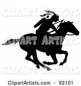 Black Silhouetted Native American with a Bow and Arrows, Riding on a Running Horse