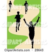 Black Silhouetted Runner Holding His Arms up While Crossing the Finish Line, His Competitors Behind Him on a Track