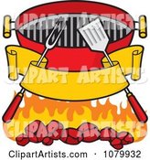 Blank Banner Charcoal Grill Utensils and Flames