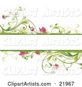 Blank White Text Space with Floral Borders of Green Plants and Pink Flowers