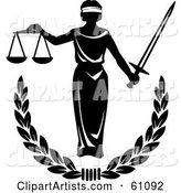 Blind Justice Holing Scales and a Sword over a Laurel