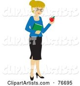 Blond Caucasian School Teacher Woman Carrying an Apple and Book
