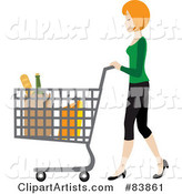 Blond Caucasian Woman Pushing Bagged Groceries in a Shopping Cart