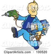 Blond Handy Man Running with Tools in His Hands