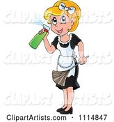 Blond Maid Spraying Cleanser and Holding a Duster