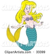 Blond Mermaid Wearing Purple Shells, with a Green Tail and Yellow Fins