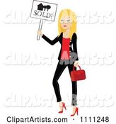 Blond Real Estate Agent Holding a Sold Sign