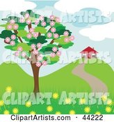 Blossoming Tree near a House in the Spring