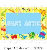 Blue Background Bordered by Colorful Music Notes and Instruments