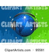 Blue Disco Globe Wearing Headphones over a Green and Blue Equalizer Background