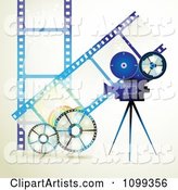 Blue Movie Camera Filming over Negative Film Strips and Reels