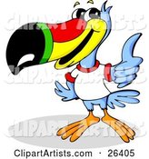 Blue Toucan Bird with a Red, Yellow, Green and Black Beak, Wearing a White T Shirt and Giving the Thumbs up