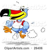 Blue Toucan Bird with a Red, Yellow, Green and Black Beak, Wearing a White T Shirt and Running on a Track