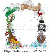 Border of a Palm Tree, Snake, Treasure Chest, Banner and Pirate Ship