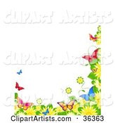 Border of Spring Flowers and Colorful Butterflies over a White Background