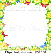 Border of Yellow Daisies and Colorful Butterflies over White