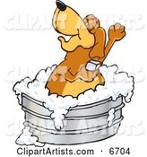 Brown Dog Mascot Cartoon Character Bathing in a Metal Tub