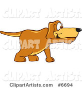 Brown Dog Mascot Cartoon Character Pointing While Sniffing Something out
