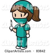 Brunette Caucasian Mini Person Surgeon Woman in Scrubs, Holding a Scalpel