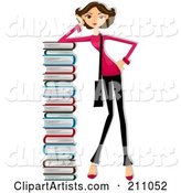 Brunette Woman Leaning Against a Very Tall Stack of Books