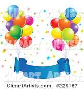 Bundles of Party Balloons Tied to a Blue Birthdday Banner over Colorful Stars